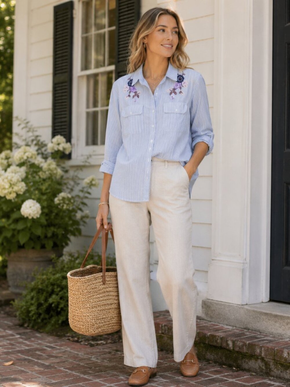 Express Light Blue Striped Button-Down Shirt with Floral Embroidery